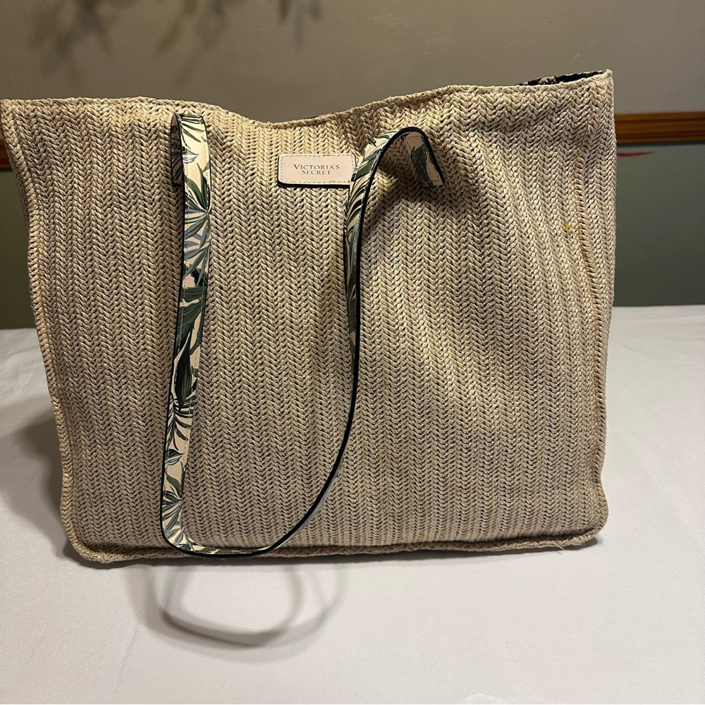 Victoria's Secret Textured/basket weaved Tan Tote with tropical inside lined